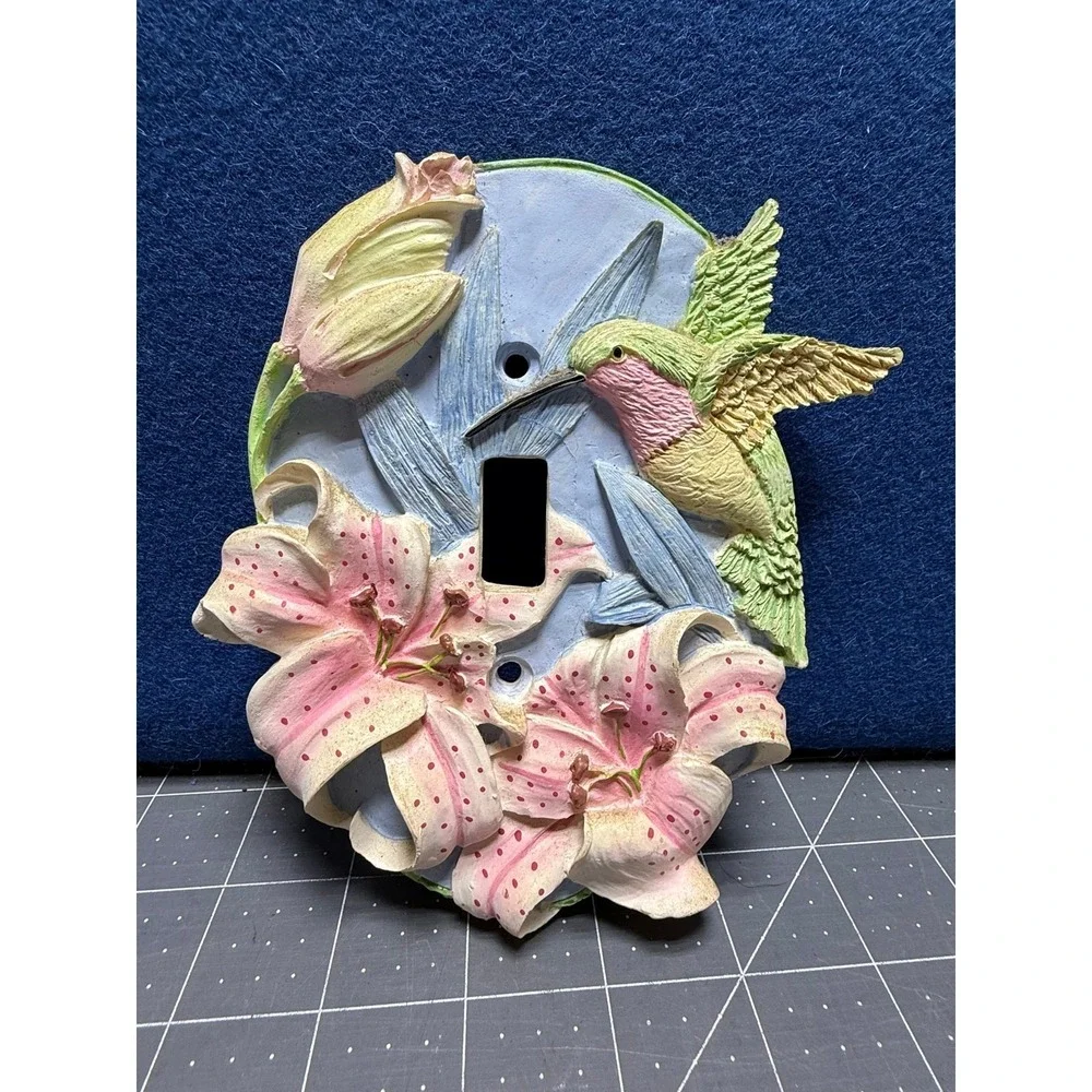 Light Switch Plate Hummingbird Flowers Hand Painted Pink Blue Green